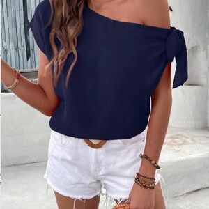 SHEIN VCAY Navy One Shoulder Tie Top Womens L Casual Blouse NWT